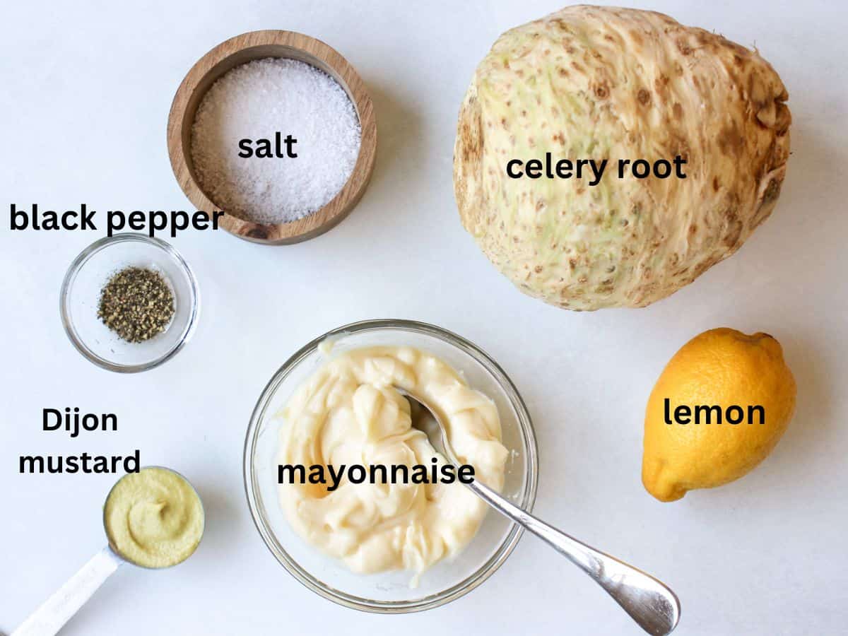 eleri remoulade labeled ingredients: salt, celery root, black pepper, Dijon mustard, mayonnaise, lemon.