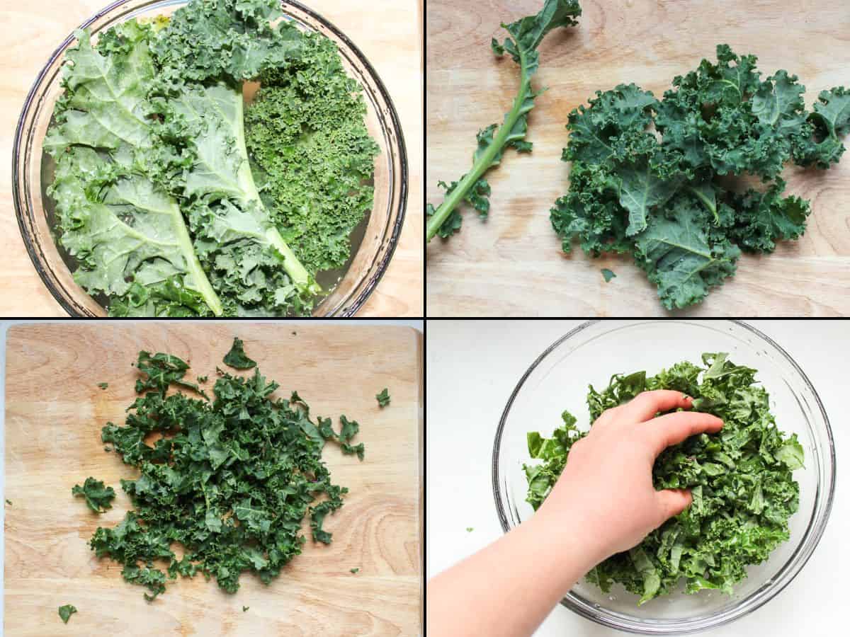 4- image collage with whole kale leaves in a bowl with water, stems removed, chopped kale and chopped kale in a large glass bowl being massaged.