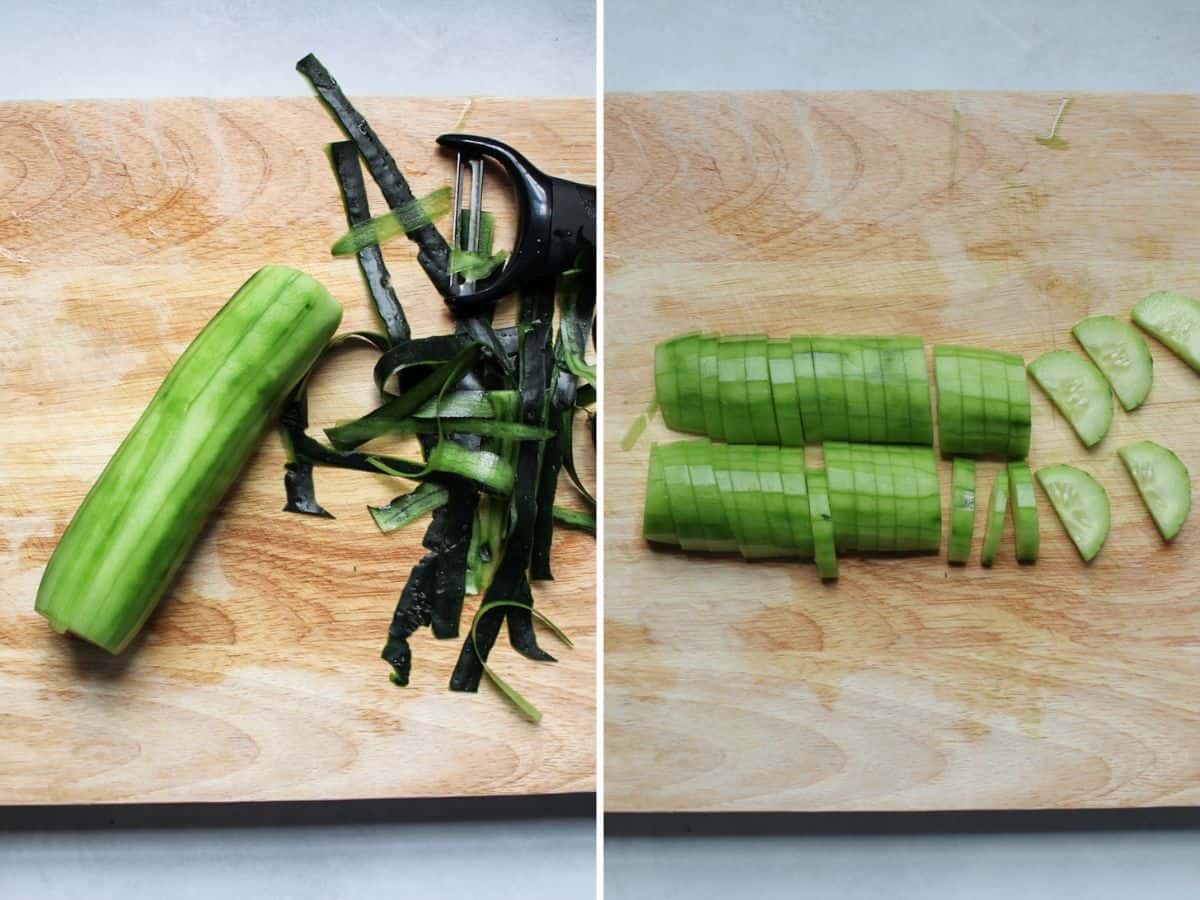 Two-picture collage: Peeled cucumber on a cutting boards. There is peels and a veggie peeler on the left side. On the second image the cucumber is cut in half lengthwise and sliced into half rounds.