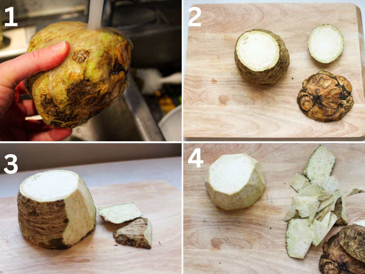 4-image collage showing a whole celery root under running water, celery root on a cutting board with topped cut off, being partially peeled, being completely peeled.