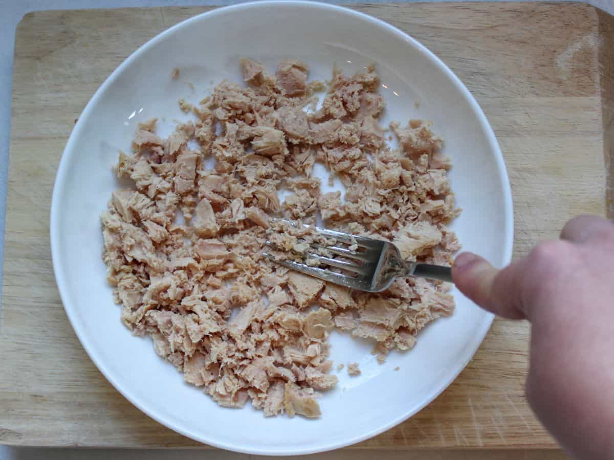 Canned tuna being broken into small flakes using a fork in a white shallow dish.