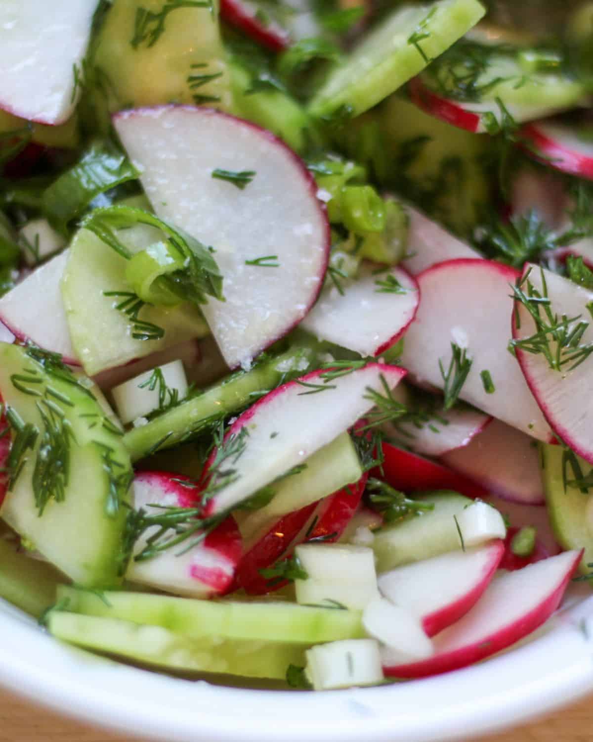 Sliced cucumbers and red radishes mixed with dill and green onions.