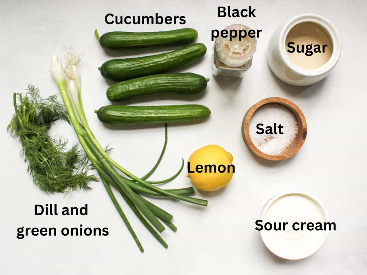 Recipe ingredients on a white background: fresh cucumbers. green onions, bunch of fresh dill, lemon, salt, black pepper, sugar, sour cream.
