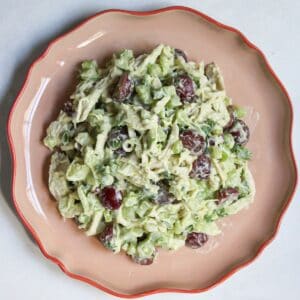 Healthy chicken salad made without mayo served on a plate.
