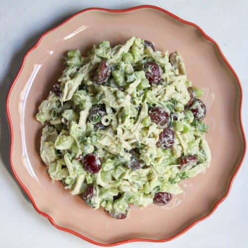 Healthy chicken salad made without mayo served on a plate.