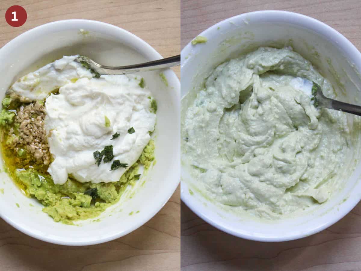 Mixing may-free dressing made with avocado, Greek yogurt, Dijon mustard, lemon juice, olive oil and fresh herbs.