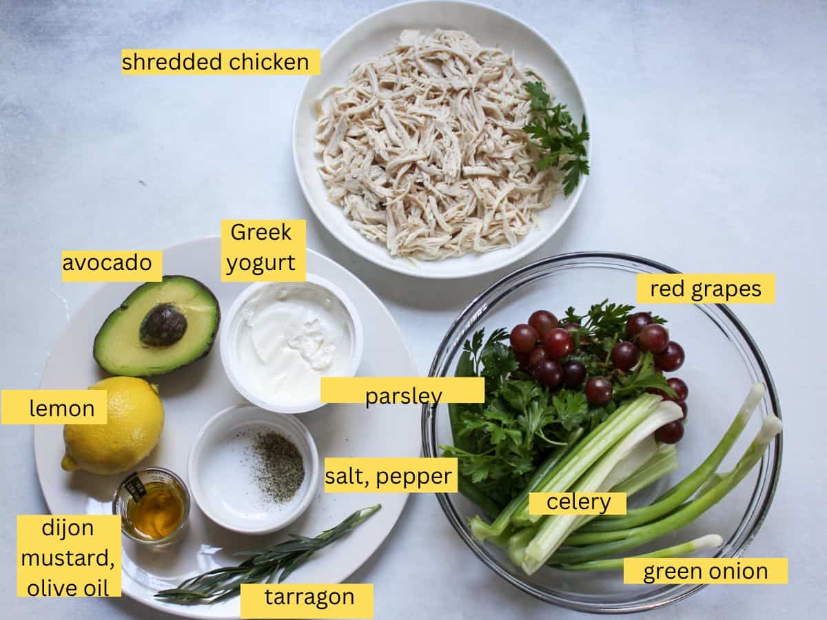 Recipe ingredients for making healthy chicken salad with Greek yogurt dressing