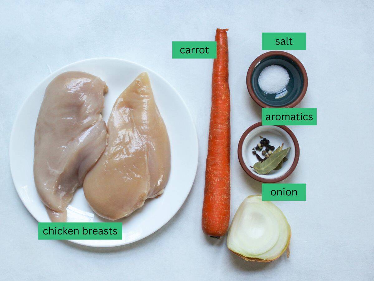 Recipe ingredients for making poached chicken breasts.