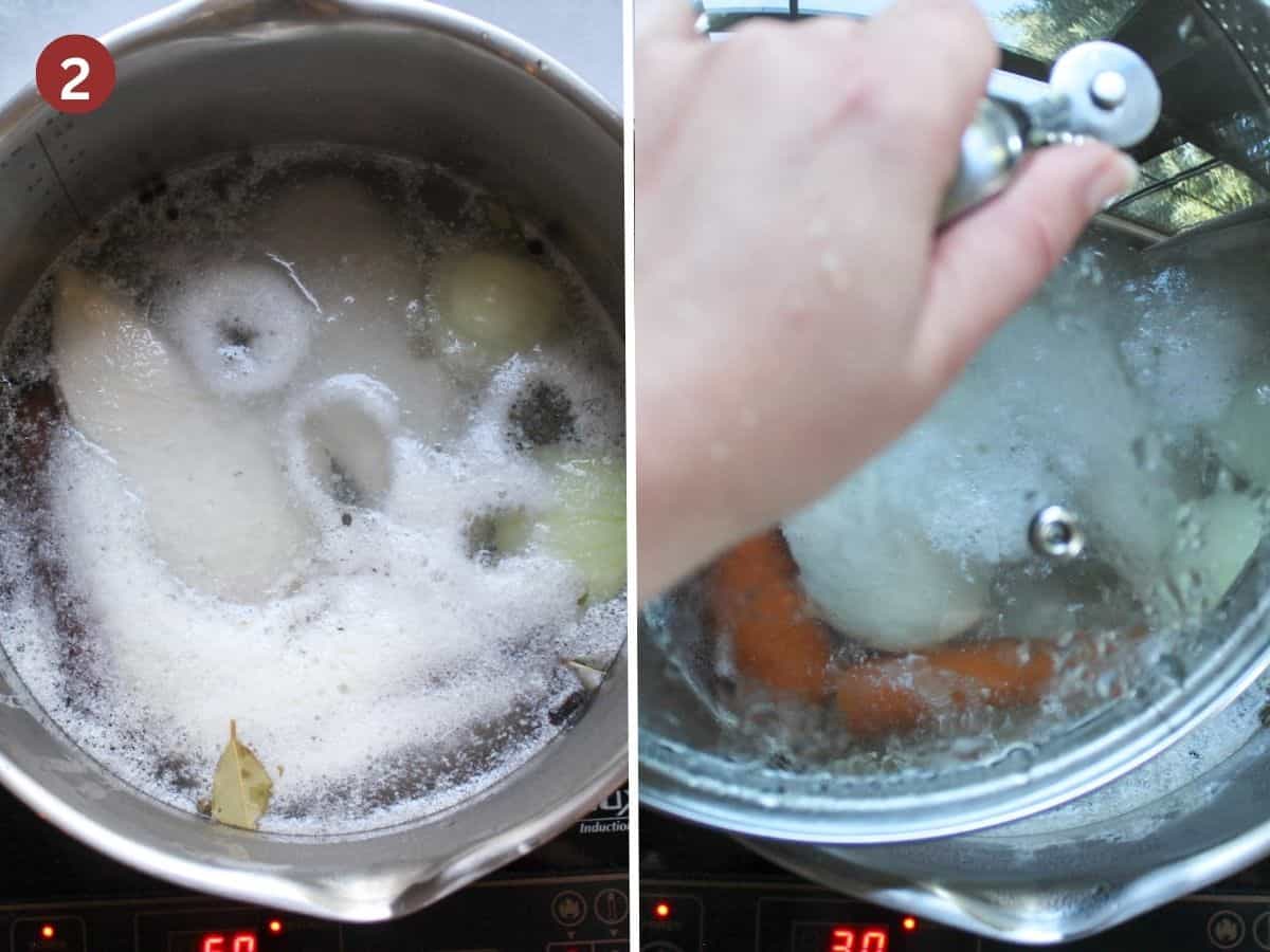 Chicken breast gently cooking in water in a pot with the lid covered.