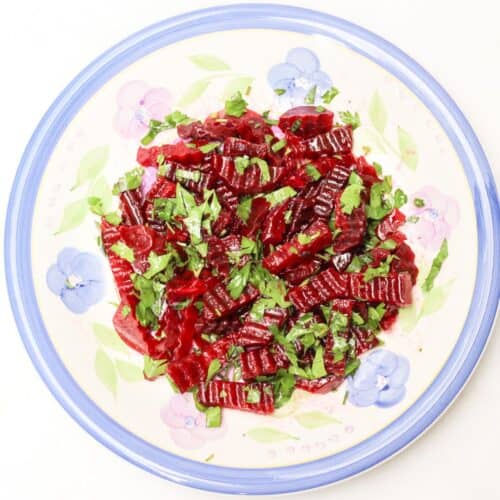 Easy beetroot salad served on a salad plate.